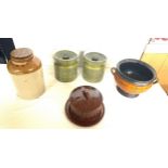 Selection of pottery items includes cheese dish, totem lidded jars, earthenware etc