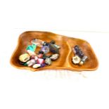 Wooden tray of assorted crystals includes amethyst rock etc