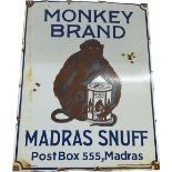 Vintage enamel advertising sign Monkey Brand Madras snuff, approximate measurements: Height 24