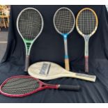 Selection of vintage rackets includes Slazenger etc