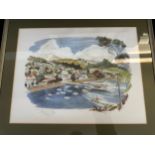Large framed water colour by Peter Arnold 1986, Russel Bay New Zealand 29 inches wide by 24 inches