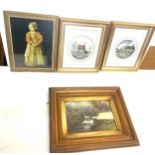 Selection of 3 framed prints and a framed painting, largest frame measures approximately 15 inches