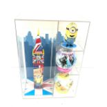 Perspex show case with four 3d puzzles includes Minions etc