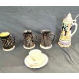Selection of pottery items includes Mid 20th century pottery mugs, German musical stein Edwardian