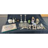 Selection of miscellaneous items includes silver plated ware. German steins, pottery, candle