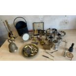 Large selection of metal and brassware to include jugs, tea pot, clocks, cutlery etc
