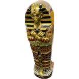 Wooden Tutankhamun bookcase, approximate height 48 inches, Width 14 inches, Depth 13 inches, some