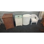 Four vintage wicker items to include Lyold Loom washing basket etc