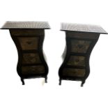 Pair of ornate three drawer bedsides measures approx 30 inches by 17.5 wide and 11.5 inches deep