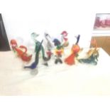 Selection of coloured glass ornaments to include 2 glass Murano clowns, Cockeral which has lost