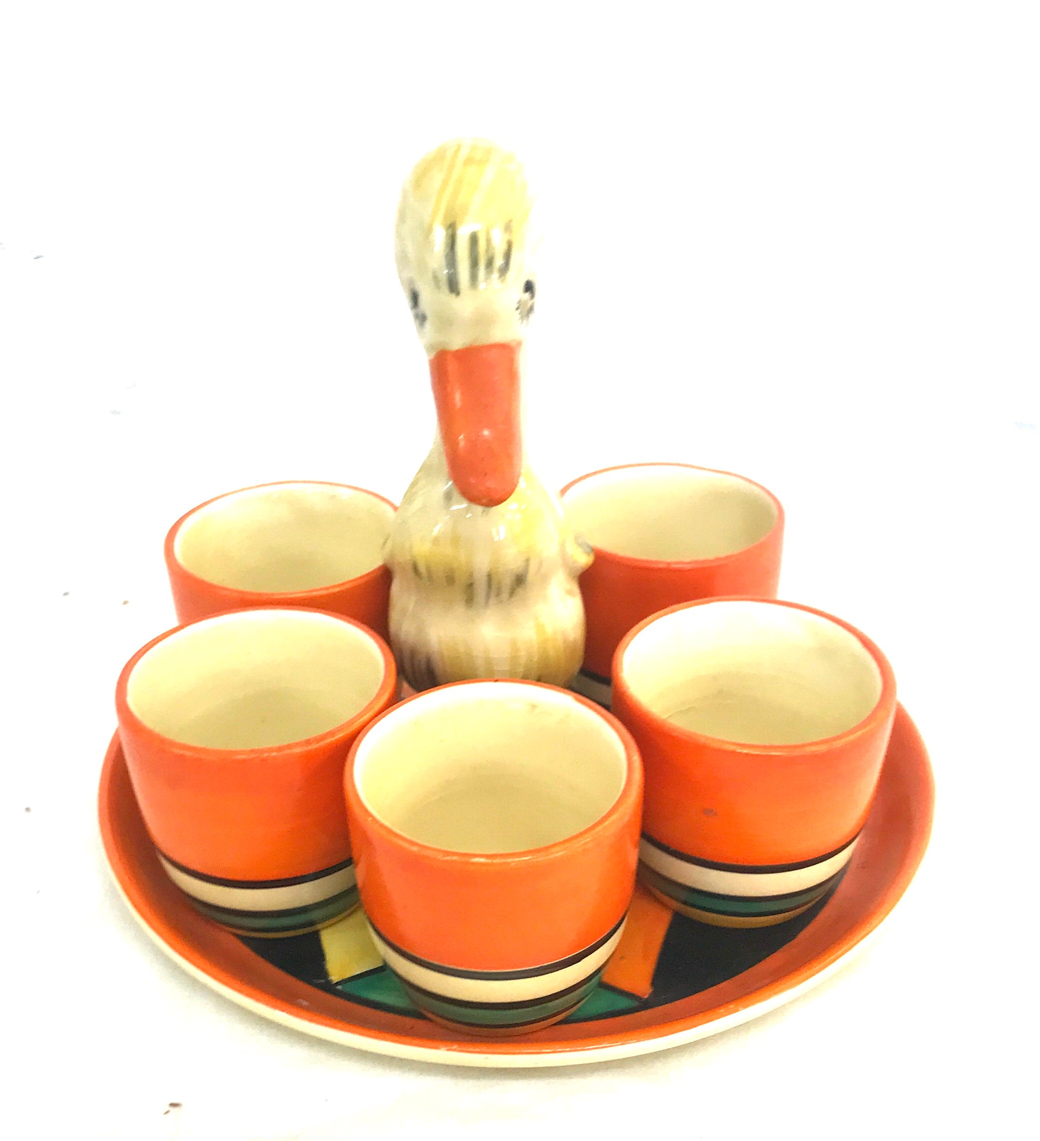 Clarice Cliff pottery egg cups and a chick tray, the chick has been damaged, re-glued - Image 2 of 6