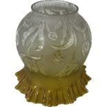 Yellow coloured antique oil lamp shade measures approx 7 inches tall, burner 3 inches,