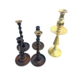 2 pairs of vintage wooden candle sticks and a brass candle stick