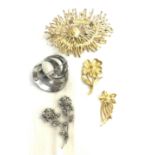 Selection of costume brooches includes marcasite and a 9ct gold seed pearl brooch