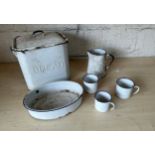 Vintage enamel ware to include bread bin, jug, cups etc