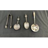 Silver sugar tongs, 2 Novelty spoons etc