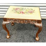 Queen Anne tapestry piano seat with ball and claw feet measures approx 28 inches tall by 24 inches