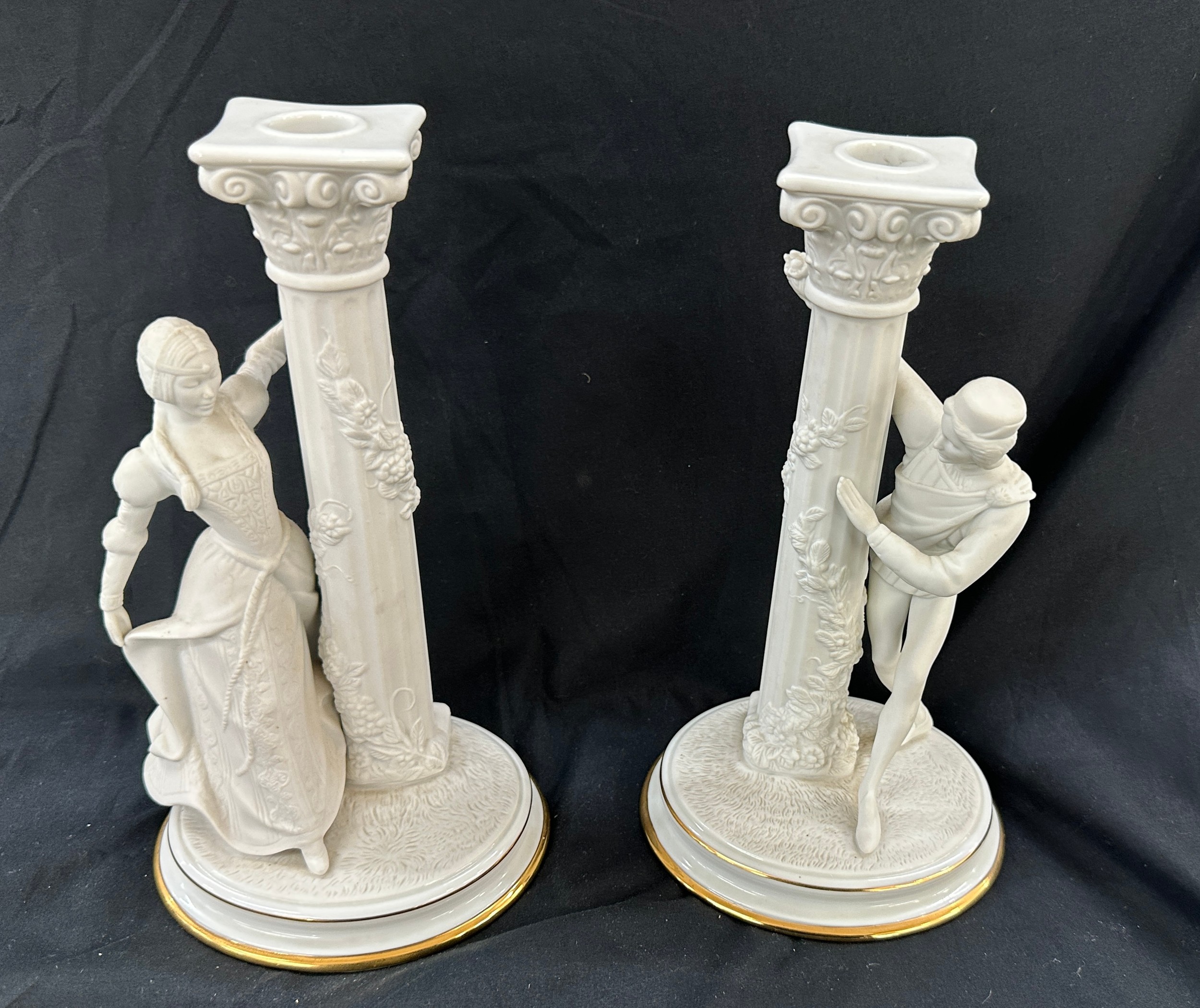 Pair of Franklin Mint fine porcelain ' The Romeo and Juliet' Candlesticks measures approx 10