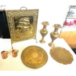Selection of assorted brass and copper ware includes fire screen, vases etc