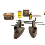Selection of collectable items includes dolly cream, cast iron flat irons, advertising tins etc