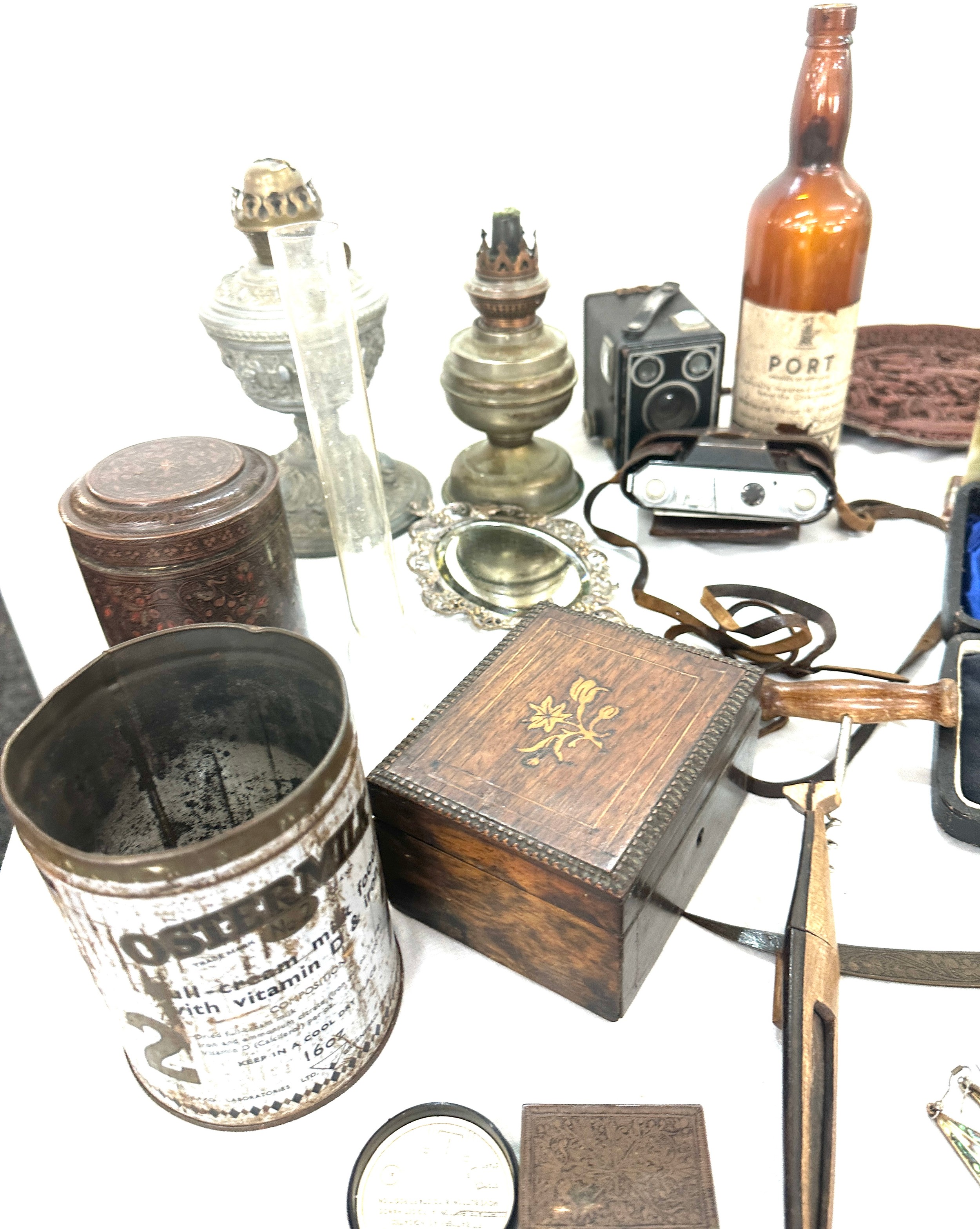 Box of miscellaneous items to include oil lamps, mirror, clock, tea caddy etc - Image 2 of 7