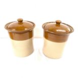 2 Matching Earthenware lidded barrels, approximate height 10 inches