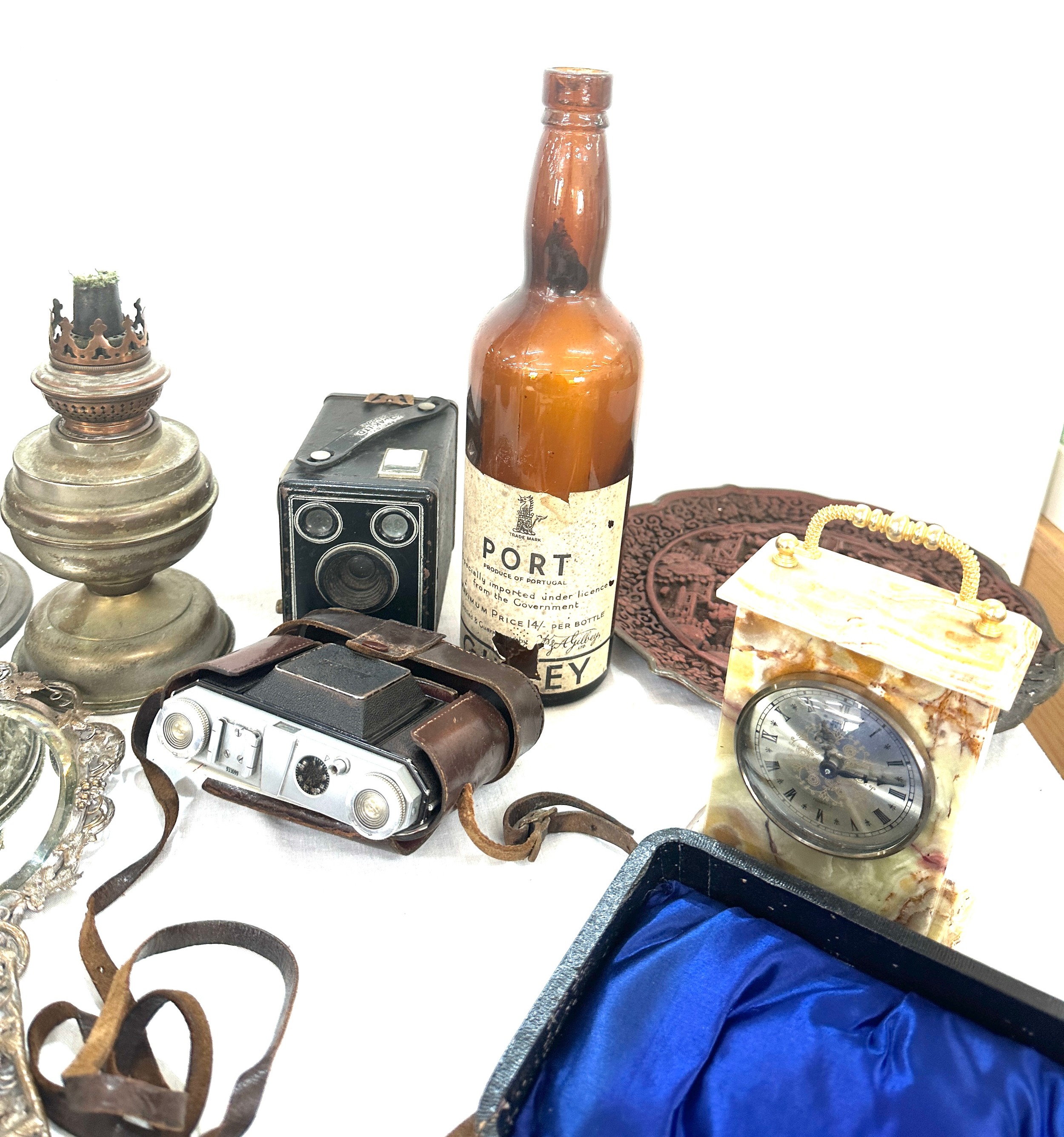 Box of miscellaneous items to include oil lamps, mirror, clock, tea caddy etc - Image 4 of 7