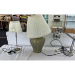 Selection of 3 modern lamps includes anglepoise lamp pottery lamp etc, all untested