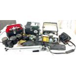 Large selection of vintage camera equipment to include lenses, PRA-KTICA camera etc