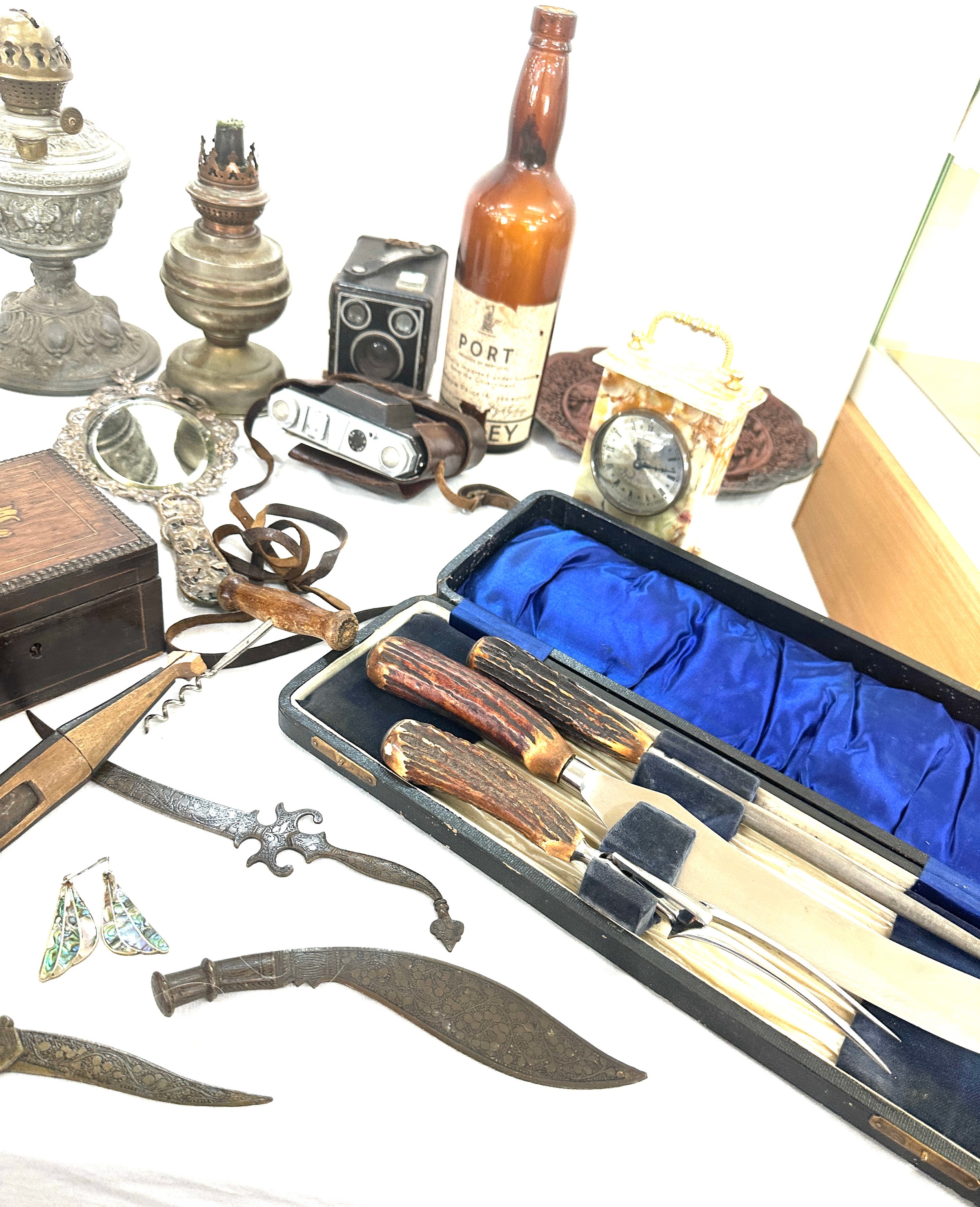 Box of miscellaneous items to include oil lamps, mirror, clock, tea caddy etc - Image 7 of 7