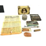 Tray of collectable items includes new york penny bank, vintage whistle etc