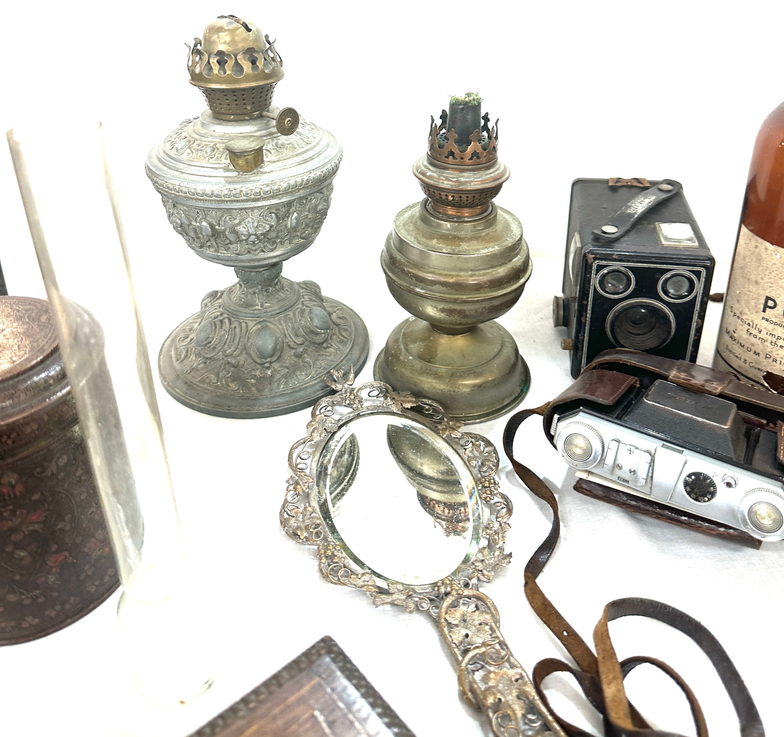 Box of miscellaneous items to include oil lamps, mirror, clock, tea caddy etc - Image 3 of 7