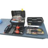 2 Plastic tool boxes and contents includes screw drivers, hammers etc