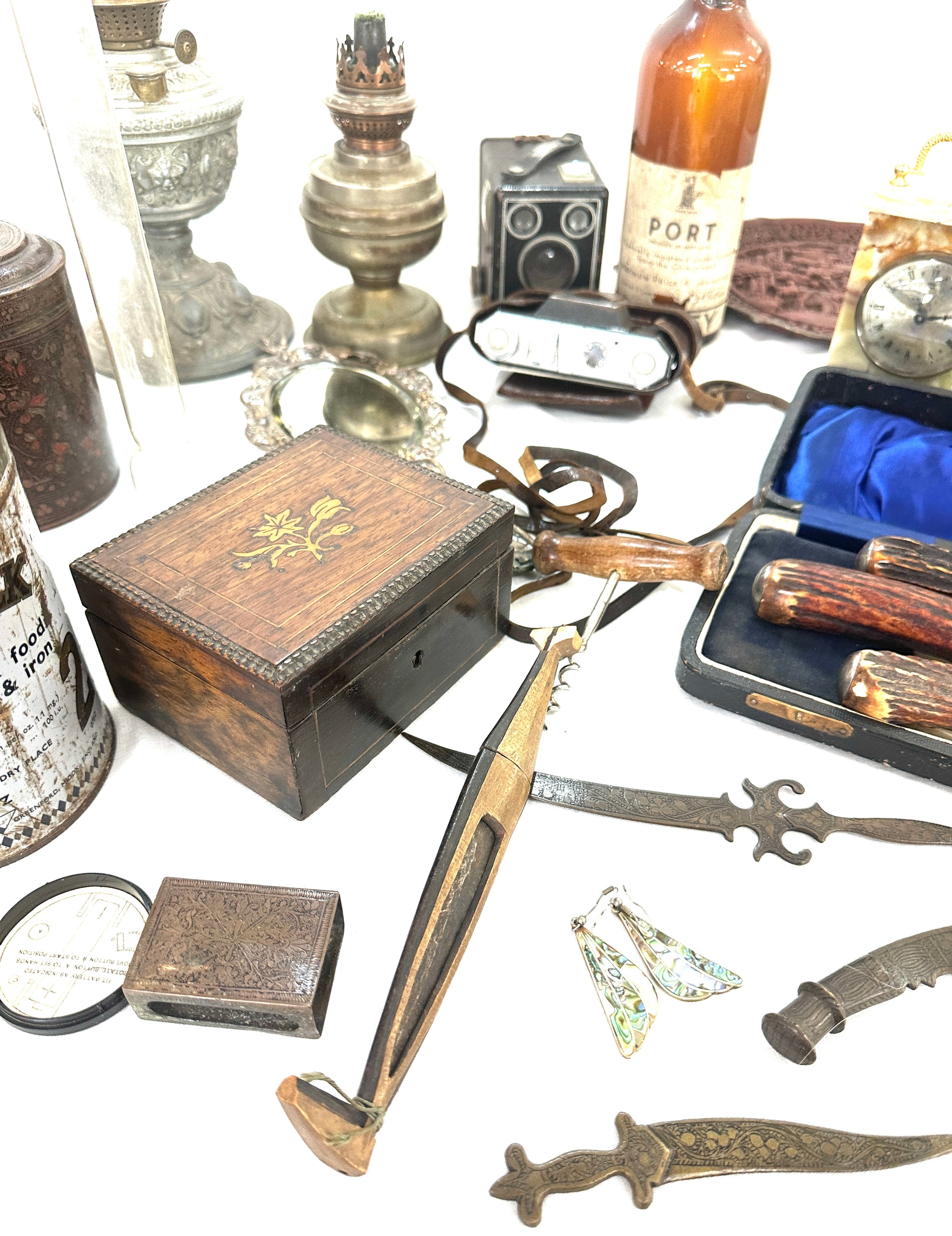 Box of miscellaneous items to include oil lamps, mirror, clock, tea caddy etc - Image 6 of 7