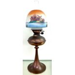 Copper art deco oil lamp with hand painted shade, approximate overall height 24 inches, measurements