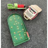 Vintage wooden Bagatelle, Playtoy petite children's typewriter with case and a wooden train model