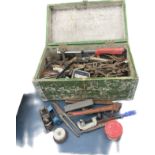 Wooden tool box with a large selection of assorted tools