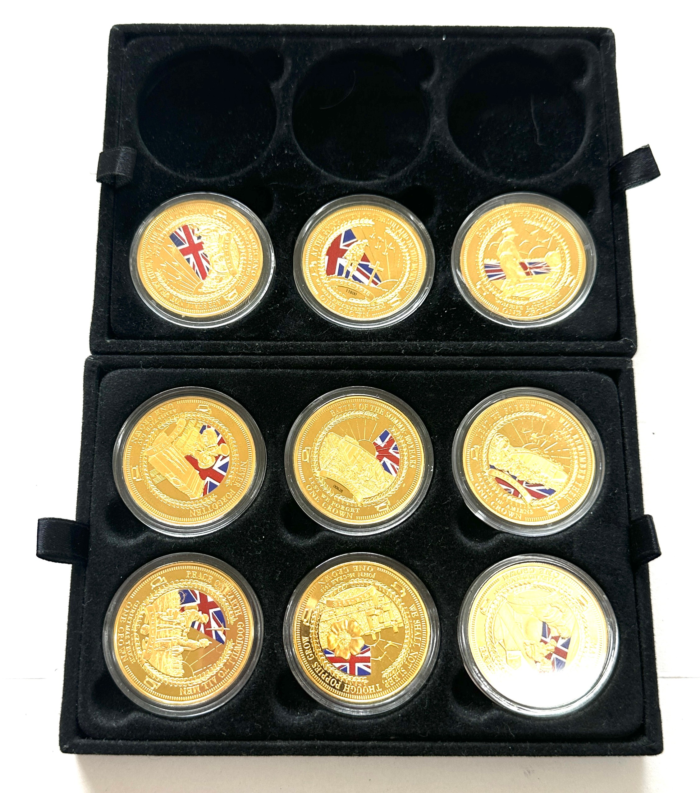 Selection of 9 commemorative gold plated one crown coins