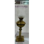 Vintage brass base oil lamp with funnel and shade, shade measurements: Height 18cm, burner