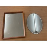 Teak small mirror, oval small bevelled mirror, largest measures approximately 17 inches tall by 13