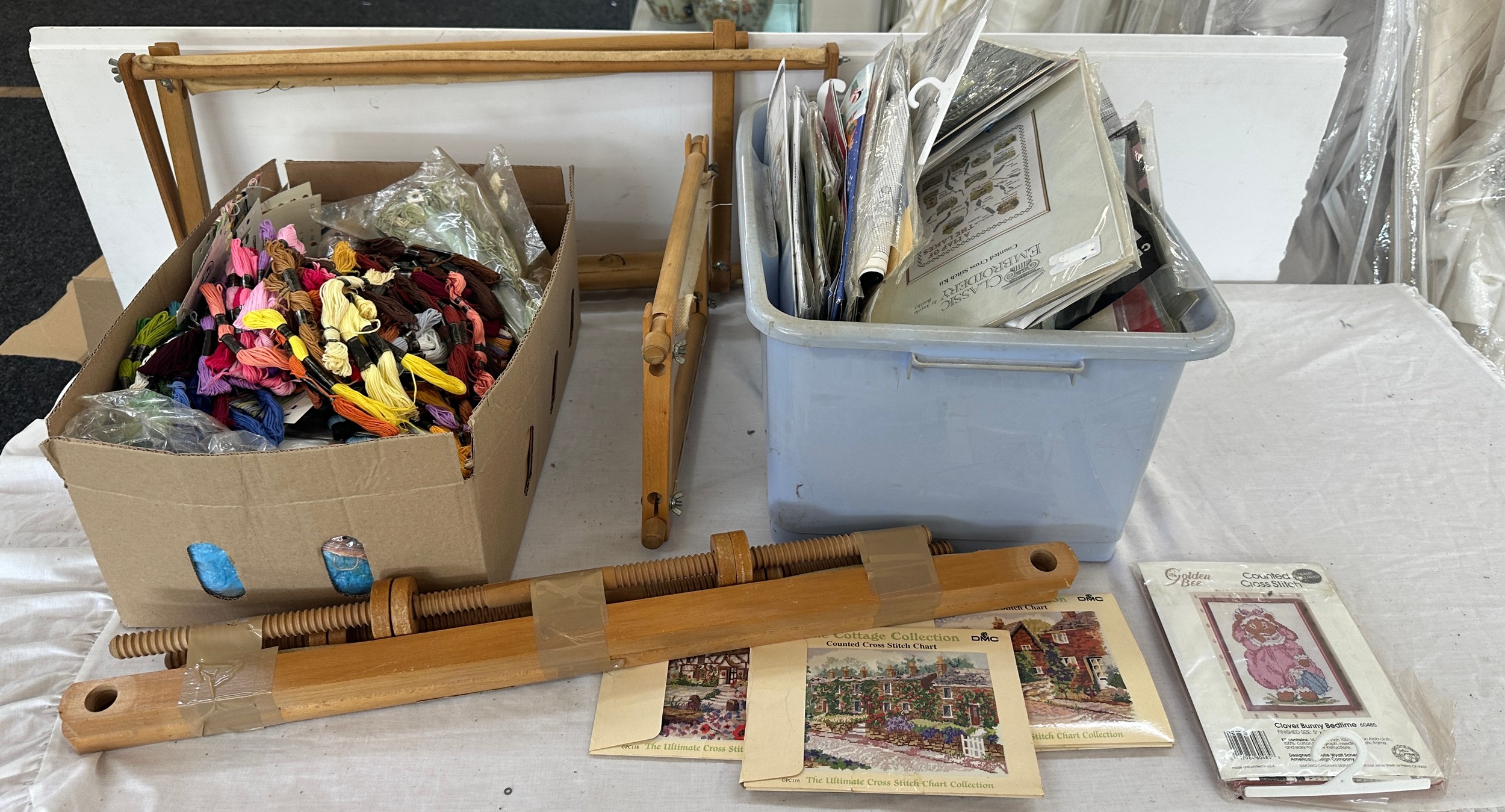 Selection of tapestry items to include thread, patterns and frames