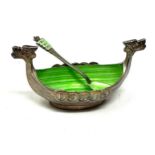 Anton Hansen Enameled Sterling Silver Viking Ship Salt Cellar with Spoon An enameled salt cellar