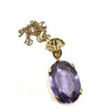 9ct gold vintage synthethic colour change sapphire statement pendant necklace (12g)