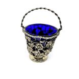 Antique silver sugar basket swing handle blue glass liner london silver hallmarks measures approx