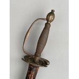 18th century small sword with brass hilt & wire bound grip .trefoil blade in leather scabbard