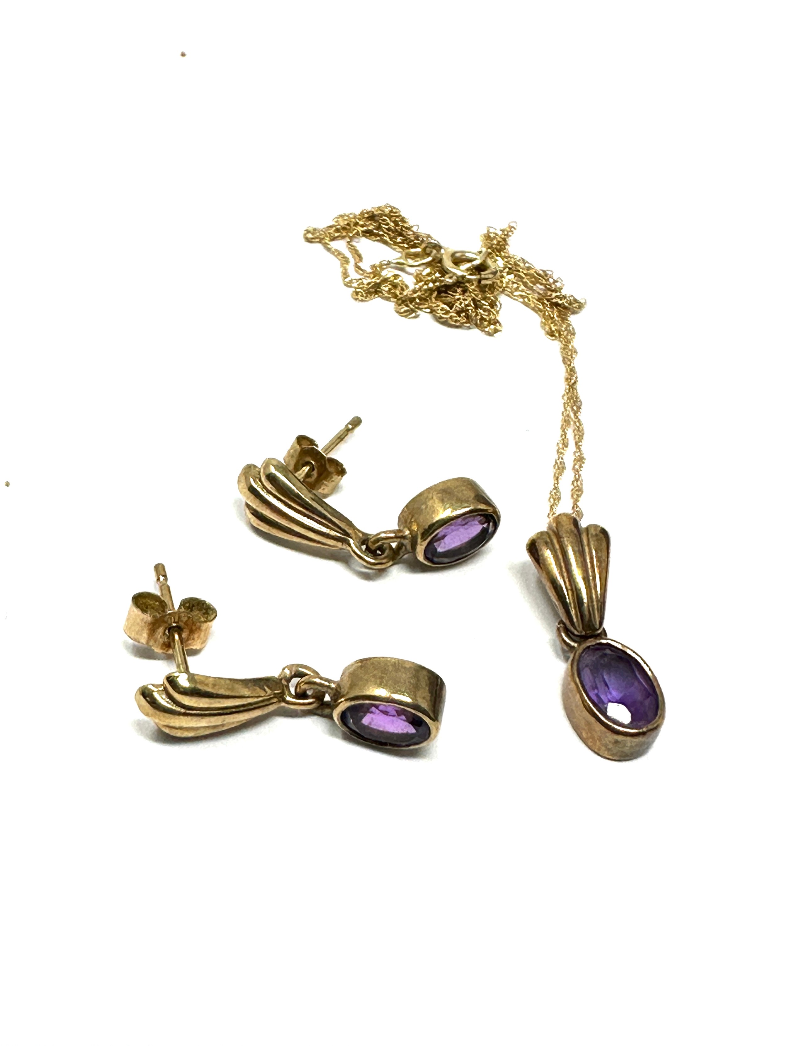 9ct gold amethyst pendant necklace & drop earrings set (2.9g)