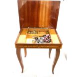 Musical inlaid jewellery box/ table with contents measures approximately 17 inches tall 14.5