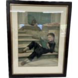 Vintage signed Pears print depicting young boy reading book on stairs with a cat- measures approx 33