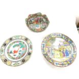 3 pieces of hand painted oriental pottery includes bowl and 2 plates