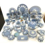 Large selection blue and white Wedgwood Jasperware to include Teapot, trinkets, vases etc